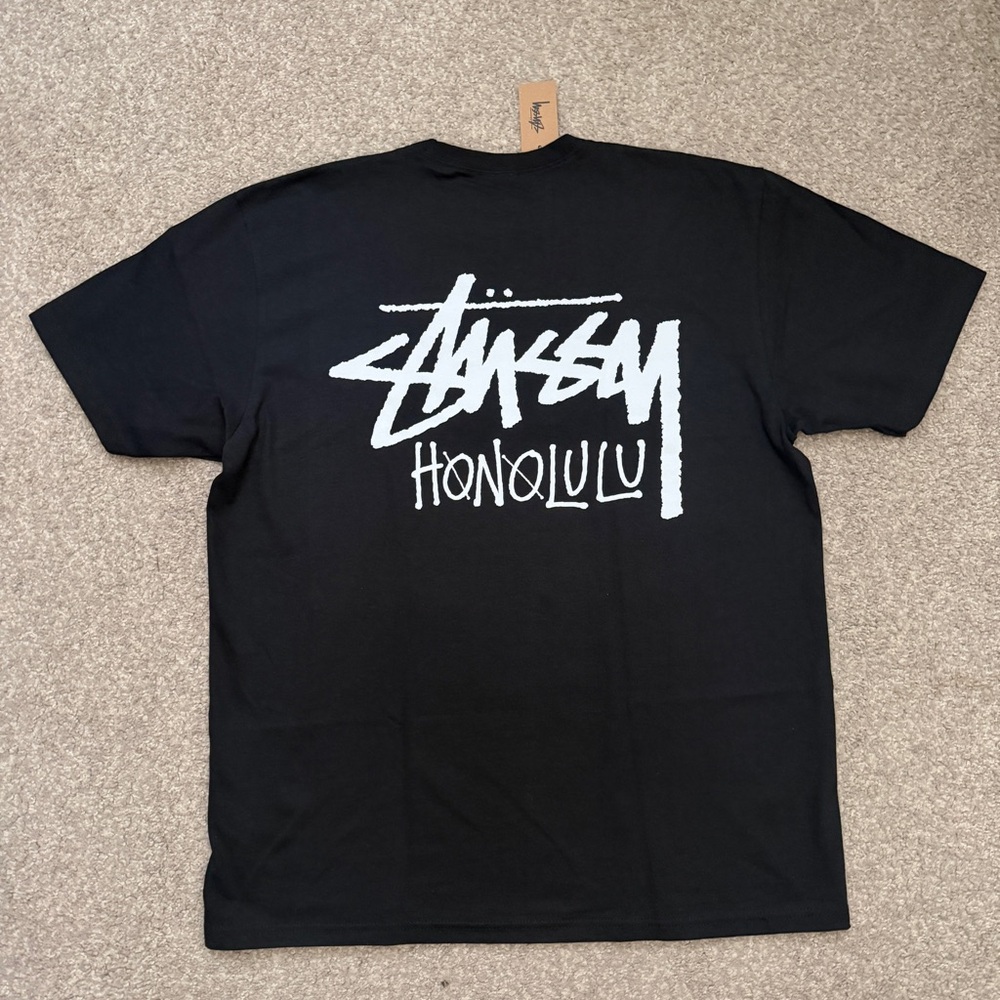 Stussy Black Tee with White Honolulu Graphic